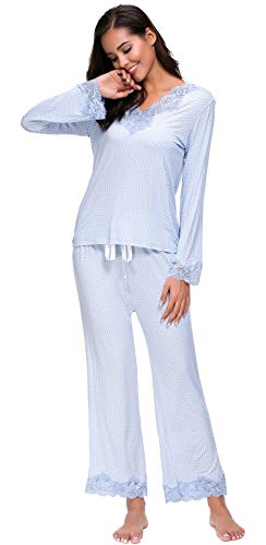 Jusfitsu Womens Cotton Pajamas Set Long Sleeve Top Shirt with Pants Sleepwear Modal Soft Loungewear Lace Pattern M