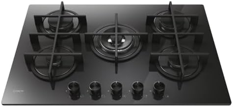 Moderna Gas On Glass Plaque de cuisson à gaz 5 feux, verre trempé, brûleur à double couronne, grilles lavables au lave-vaisselle, axLxP 0,8 x 74,5 x 51 cm, noir - CVG74WTB
