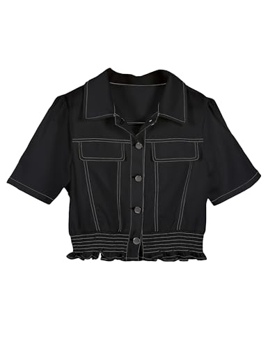 Omoone Women's Short Sleeve Denim Shirt Peplum Ruffle Hem Denim Crop Top Jackets Cowgirl Outfits(Black-L) at Amazon