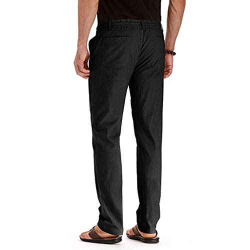 Men's Joggers Linen Breathable Loose Long Pants Solid Color Straight Trousers Black