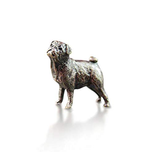 2068 Pug Butler and Peach Solid Bronze Miniature Sculpture Figure - 3.5 x 3.5 x 1.5 cm