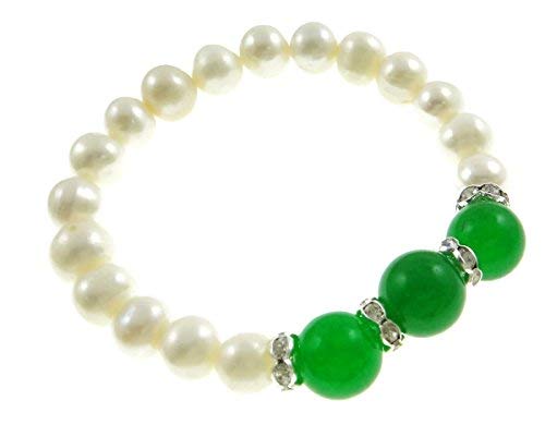 Freshwater Cultured Pearl Bracelet Natural White 10 mm Green Jade 12 mm 19 cm Long Stretchy