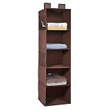 MaidMAX 5 Tiers Cloth Hanging Shelf for Closet Organizer with 2 Widen Straps and 4 Mesh Pockets, Foldable, Brown, 42 Inches High