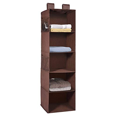MaidMAX 5 Tiers Cloth Hanging Shelf for Closet Organizer with 2 Widen Straps and 4 Mesh Pockets, Foldable, Brown, 42 Inches High