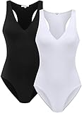 SUNRO 2 Pack Women's Sexy V Neck bodysuits Jumpsuits (Medium, Black & White)