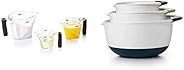 OXO Good Grips 3-Piece Angled Measuring Cup Set & 3-Piece Mixing Set, White Bowls with Red/Green/Blue Han