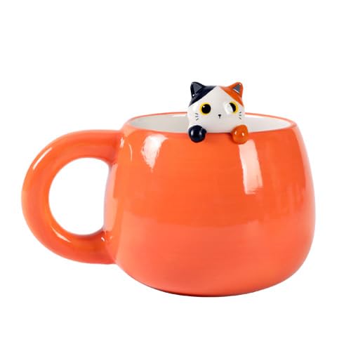 I-TOTAL® - Ceramic Mug with Ceramic Animal on the Edge, Tea or Coffee Mug 450 ml (Orange CAT)