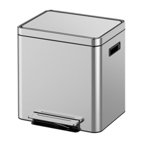 Garvee 30L Dual Compartment Trash Can, 2 x 15L Stainless Steel Recycling Bin with Soft Close Lid & Foot Pedal, 2 Removable Buckets, Rectangular Kitchen Dustbin