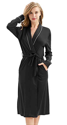 Cotton Robe Soft Kimono Spa Knit Bathrobe Lightweight Long Sleepwear Nightwear - House Coat for Her - Black, M