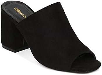 Indulge Women Block Heel Mule - Peep Toe Chunky Heel Slide - Open Toe Slip on Heel Sandal - CIARA-10 by Heart.Thentic Collection - Black Faux Suede (Size: 7.5)