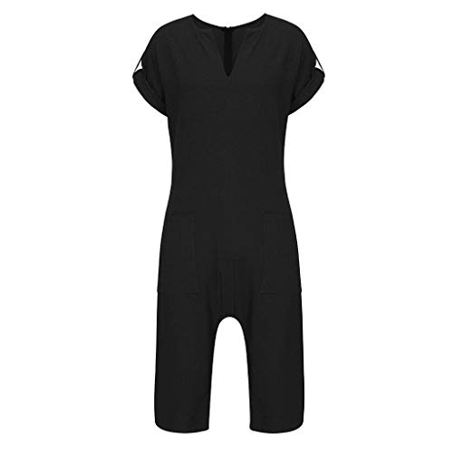 Men's Vintage Jumpsuits Summer Casual Solid Cotton Linen Playsuit Short Sleeve Top Pants (Black,M)