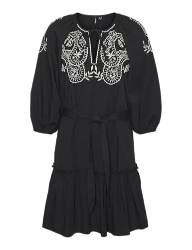 VERO MODA VMBETINE WVN - Vestido Corto 3/4, Negro/Detalles: Bordado de Abedul, M