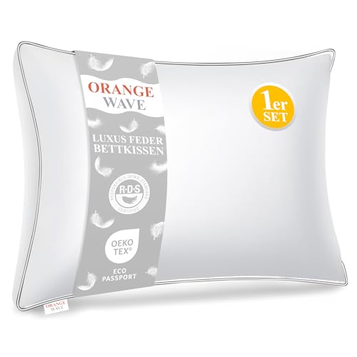Orange Wave Pillow 40 x 80 cm Feather Pillow - 3-Chamber Down Pillow 40 x 80 cm Pillow Down and Feather Bed Pillow, RDS and Oeko-Tex Ergonomic Sleeping Pillow - Double Combination of Softness Support