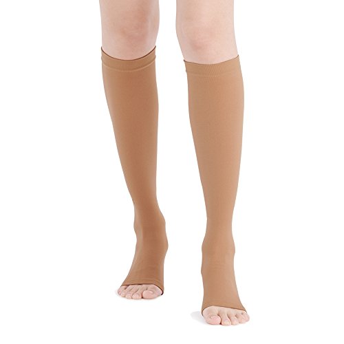 Fytto 15-20mmHg Knee High, Open Toe Compression Microfiber Hosiery - Support for Travel, Varicose Veins & Pregnancy, Slip-Resistant, Tan, Large