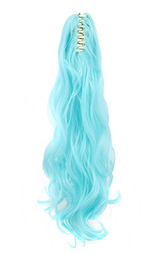 Yuehong Long Wavy 21″ Colorful Clip In/On Hair Extensions Piece Curly Claw Ponytail wig (Lake blue)