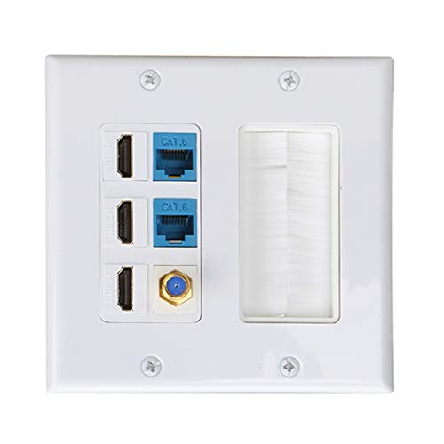 3 HDMI HDTV + 2 CAT6 RJ45 Ethernet + Coaxial Cable TV F Type Keystone Face Plate IQIAN Brush Wall Plate, Wall Socket for HDTV, HDMI, Home Theater Systems …