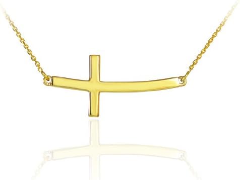 Claddagh Gold14K Yellow Gold Curved Sideways Cross Necklace with Rolo Chain - Choice of Length