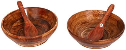 KDT Wooden Snack Food Bowl Large Katori with Wood Spoon for Serve/Serving/Kitchen - Set of 2 Pieces