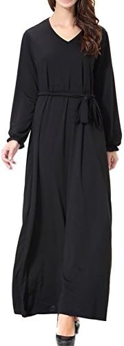 Janjunsi Muslim Dubai Ethnic Robe V-Neck with Belt Kaftan Islamic Abaya Dress