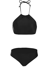 Ekouaer traje de baño tipo bikini con escote alto tipo halter y estampa de hojas de bosque para mujer