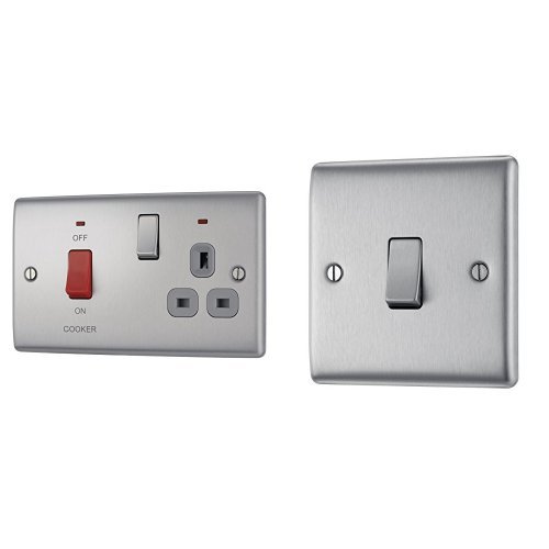 BG Electrical NBS70G 45 A Metal Brushed Steel Double Pole Switch with 13 A Socket and Neon, Grey Insert + NBS12 10 A 1-Gang 2-Way Metal Brushed Steel Light Switch, Brushed Steel