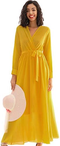 Women's Casual Maxi Dress Deep V Neck Wrap Long Sleeve Swing Chiffon Dress