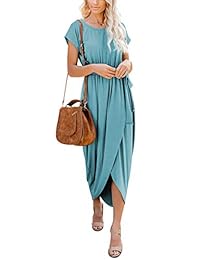 BELONGSCI Vestido informal de manga corta con cuello redondo elegante para mujer Cintura alta Abrigo sexy Vestido largo largo de fiesta sólido con cinturón