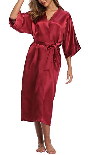 Womens Pure Color Long Satin Bathrobe Kimono Nightgown Long Dress Gown Burgundy