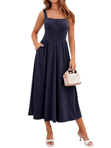 YATHON Tank Dress for Women Midi Square Neck Ruched Flowy Summer Graduation Wedding Guest Dresses Sundress with Pockets(YT645-Navy Blue,XL) at Amazon