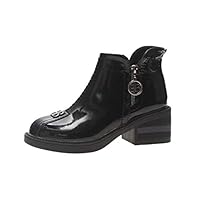 QINGMM Women Fashion Patent Leather Boots Side Zip Round Head Martin Boots Lined High Heel Ankle Boots,Black,39