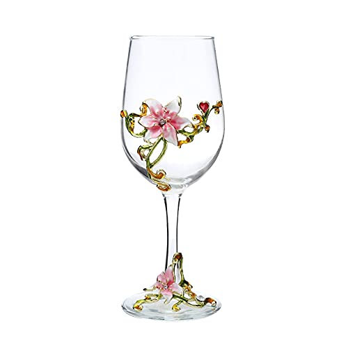 XUDREZ Painted Enamel Flower Lead-Free Wine Glasses,320ml/10.8 OZ Red/White Crystal Wine Glasses (Pink Cup Lily)