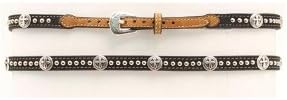 KX Brands Black Two-Tone Leather Hat Band with Silver Studs and Antique Cross Conchos