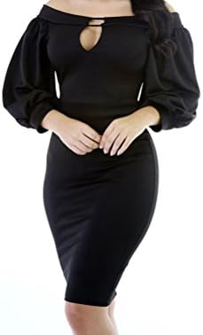 YFFaye Women's Black Puffs Peep Hole Off Shoulder Midi Bodycon Dress