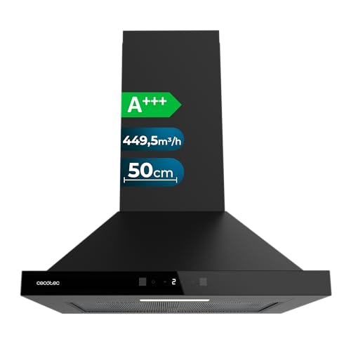 Cecotec Cappa Piramidale 50cm Bolero Flux PT 504400 Black A++. Vetro Frontale Nero, Aspirazione 449,5 m³/h, Controllo Touch Invisibile, Funzione Booster, Filtri Lavabili, Classe A++, Per Cucina Pulita