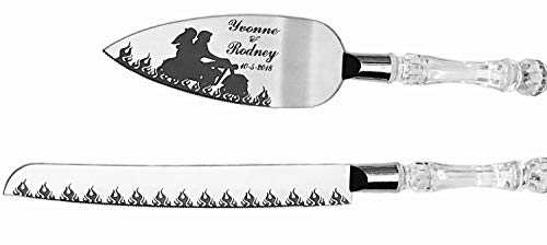 Flaming Motorcycle Biker Engraved Wedding Cake Knife/Server Set Names and Date FREE !