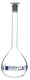 Volumetric Flask, 500ml - Class A - 19/26 Polypropylene Stopper, Borosilicate Glass - Blue Graduation, Tolerance ±0.250 - Eisco Labs