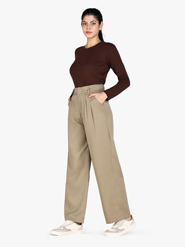 BAMANS KHAKI PANTS FOR WOMEN STRAIGHT LEG HIGH WAISTED TROUSERS CASUAL OFFICE WIDE LEG LADIES SLACKS WITH POCKETS