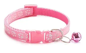 RvPaws Imported Printed Collars with Bell for Dog, Puppy and Cat Collar Paw Print, Small, Pink