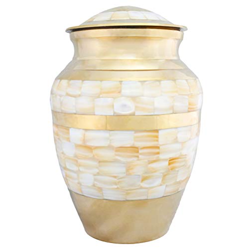 Cremation Urns for Human Ashes Adult, Funeral Urn for Women - Handcrafted in Brass - Display Burial At Home or in Niche at Columbarium ( Mother of Pearl Golden, Large Metal Urn for Ashes Adult - Thumbnail 6