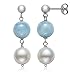 Belacqua Round Natural Blue Milky Aquamarine and White White Cultured Freshwater Pearl Drop Dangle Earrings in Sterling Silver, Real Pearl Jewelry for Women, Gift Box Included