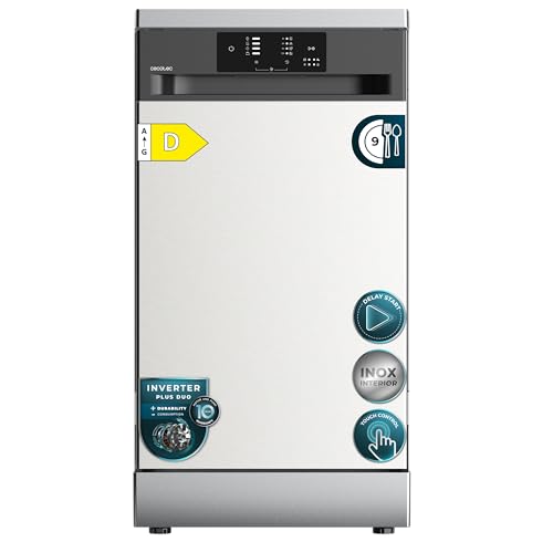 Cecotec Freistehender Geschirrspueler 45 cm Bolero Aguazero 4350 Inox. 9 Massgedecke, 4 Programme, Energieeffizienzklasse D, Inverter Plus Duo Motor, Selbstreinigung, Startzeitvorwahl, Edelstahl