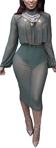 Women Sheer Mesh Turtleneck Long Sleeve Clubwear Bodycon Crop Top Midi Dress 2 Piece Outfits Set