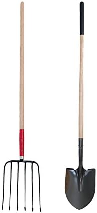 GardenAll Tool Set- Include 6 Tine Garden Fork and Rount Point Shovel with 48 Inch Ash Wood Handle