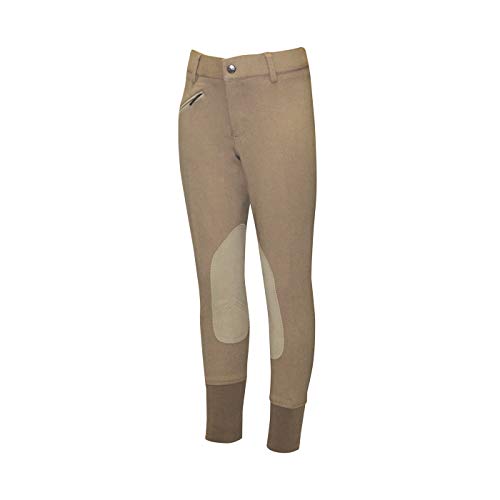 ELATION Horseback Riding Pants for Girls & Boys - Euro Seat Kids Riding Pants w/Leather Knee Patch & Thick Elastic Band, Tan Riding Tights for Equestrian Junior Competitor Classic Kids Breeches 12