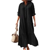 Women’s Linen Long Sleeve Maxi Shirt Dress Collection Button Loose Fit with Layered Ruffled Hem Elegant Casual Daily Wear