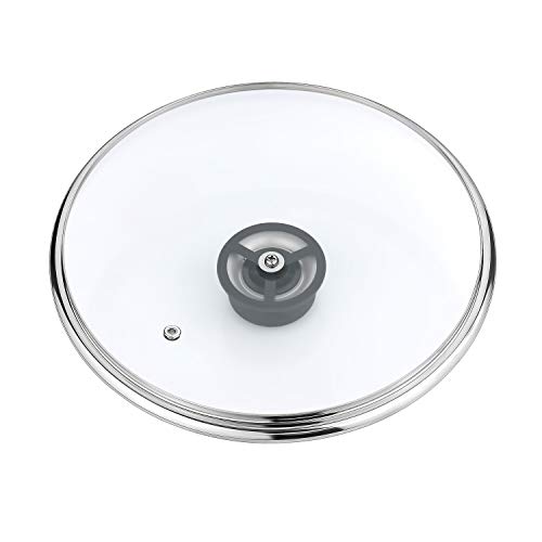 GOURMEX Tempered Glass Cookware Lid with Stainless Steel Rim and Black Handle to Fit Pots, Frying Pans and Skillets, Equipped with Vent Hole, Dishwasher and Oven Safe, Heat Resistant (11 Inc)