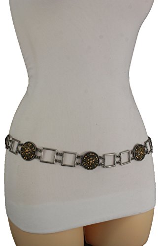 TFJ Women Fashion Antique Silver Metal Charms Belt Hip Waist Beige Tie Plus M L XL