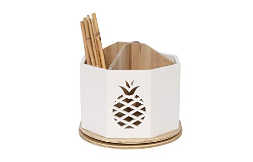 Spinning Desktop Stationary Organizer - Decorative Wooden Rotating Pen and Pencil Cup - 4 Compartment White Desk and Table Top Office Supplies Station with Pineapple Cutout - by Designstyles