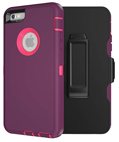 iPhone 6S Case, iPhone 6 Case, Heavy Duty Defender - High-Grade TPU PC Protection - Hybrid Bumper Cover - with Screen Protector and 360 Degree Rotating Belt Clip for iPhone 6/6S - (Plum Hot Pink)