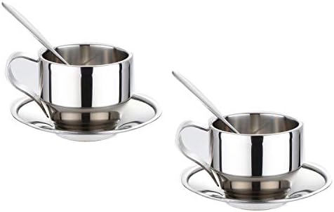 2 Packs Stainless Steel Coffee Cup Double Wall Vacuum Insulated Coffee Mugs Espresso Tea Cups Cappuccino Travel Mug with Spoon and Saucer